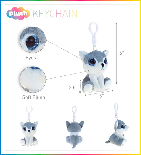Puzzled DolliBu Wolf Plush Big Eyes Keychain Stuffed Animal - Soft Wild Mountain Animal Charm with Sparkling Big Eyes, Decorative Zoo Plush Toy Accessory & Fun Buddy Clip