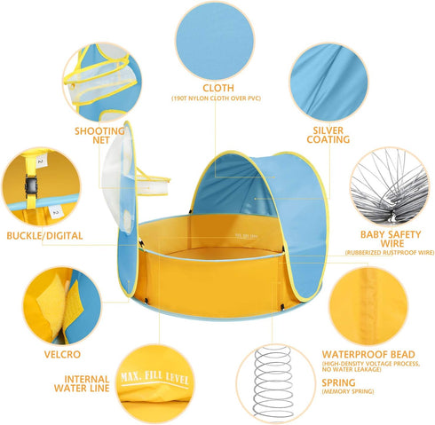 Peradix Paddling Pool for Kids & Pets, 3 in 1 Pop Up Wading Pool Tent with Basketball Hoop