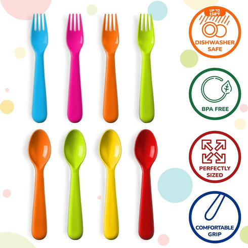 Plastic Toddler Utensils Set of 12 Kids Utensils Forks and Spoons - BPA FREE/Dishwasher Safe Toddlers Silverware Set Brightly Colored Children's Safe Flatware Cutlery Set by PLASKIDY