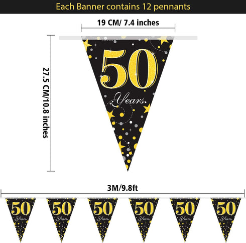 Blulu 5 Pack 50th Birthday Party Pennant Banner - Black Golden 50 Years Triangle Flag Party Accessory