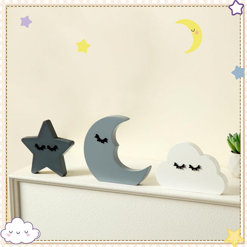 Briwooody 3 Pcs Moon Stars and Cloud Celestial Nursery Decor Bohemian Wood Nursery Shelves Decoration Wooden Nordic