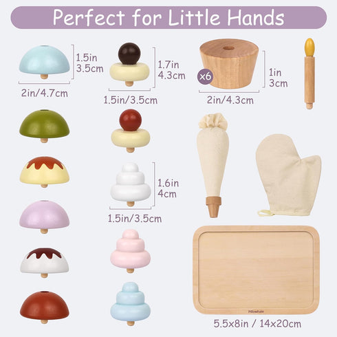 Set, 21 Set 3+ Pillowhale Wooden Cupcake Play Food Pcs Pretend Baking Toys with Interchangeable Toppings & Piping Bag