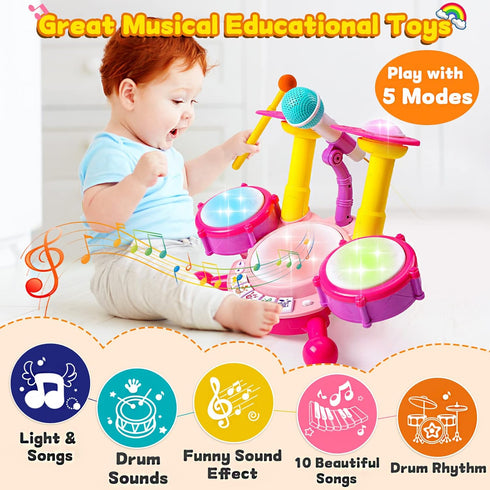 Kids Drum Set for Toddlers 1-3 - Musical Baby Girl Toys, Educational Microphone Instruments for 1 Year Old Gifts