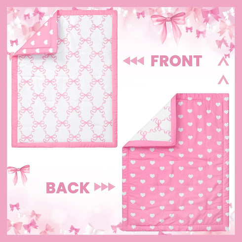 Hahafelt 3 Set Set Pcs Baby Girls Crib Bedding Coquette Pink Bow Baby Bedding for Girls Coquettish Pink Heart Bow