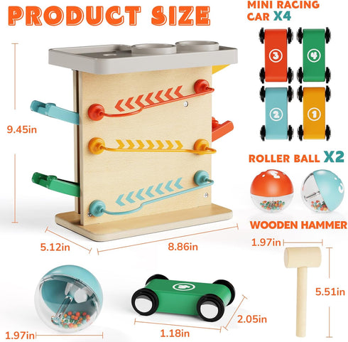 1-3: 2-in-1 Hammer 4 1 2 3 Wooden Car Ramp Toy for Toddlers Pound a Ball Toy with & Cars - Montessori Educational Race