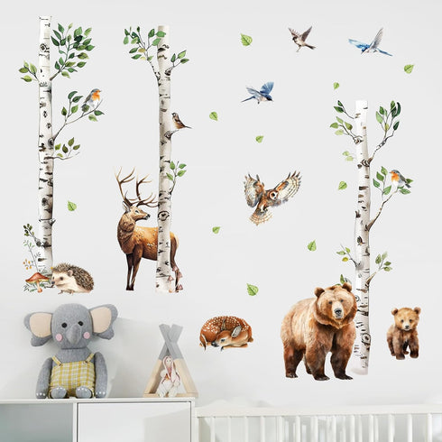 Mfault Forest Animal White Birch Tree Wall Decals Stickers, Woodland Bear Deer Hedgehog Owl Birds Baby Nursery Decor