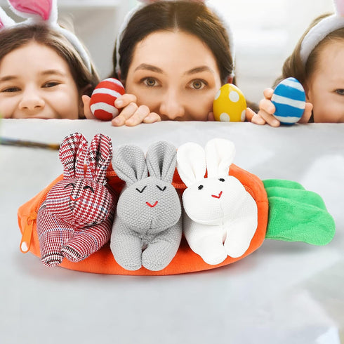 ZZXIAOJIE Easter Hide-and-Seek Bunnies in Carrot Pouch,Three Bunnies in a Carrot Purse,Carrot Plush Toy,Plush Stuffed