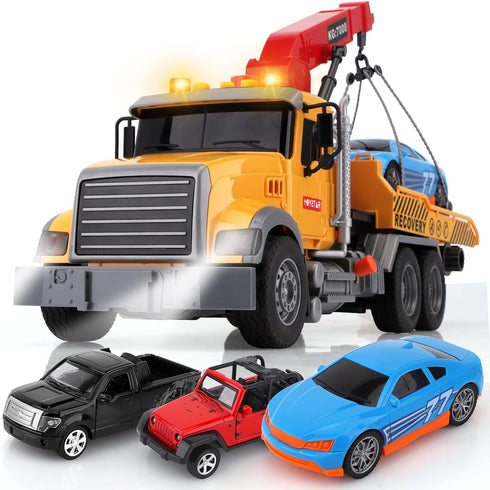 15" Big Truck Toys Set, Include Tow Truck, Racing Car, Metal Off-Road Car, Traffic Signs, Sound and Lights
