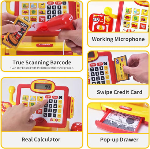FS Pretend Play Cash Register Toy - True Barcode Scanner & Calculator, Supermarket Cashier for Kids