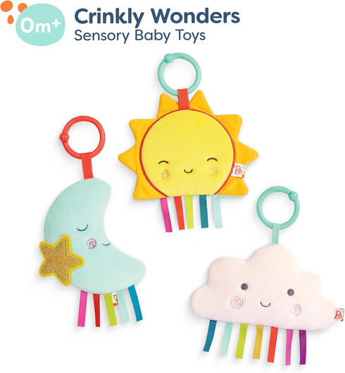 B. baby – 3 Sensory Baby Toys, Crinkle Toys for Newborns, Hanging Toys for Car Seat, Stroller, Crib – Sun, Cloud, Moon