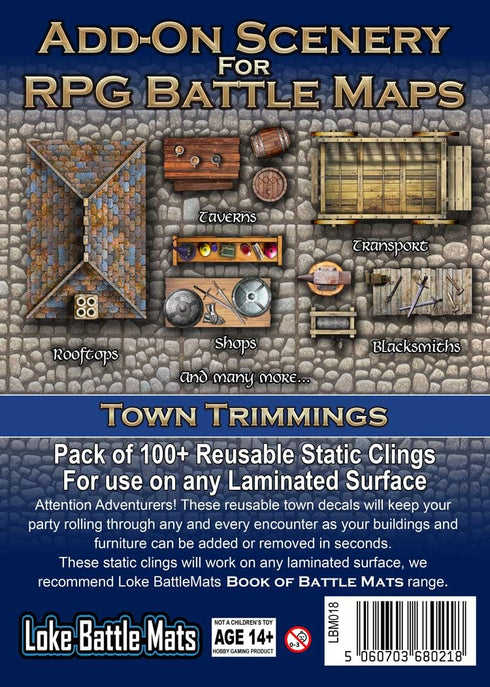 Loke BattleMats RPG Accessories Scenery - Town Trimmings with 100+ Reusable Static Clings, Medieval