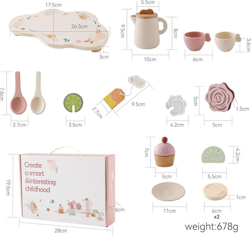 Ikubigu Set Set 15PCS Set Set Tea Party for Kids - Wooden Tea for Little Girls Silicone Toddler Tea Kitchen Accessories
