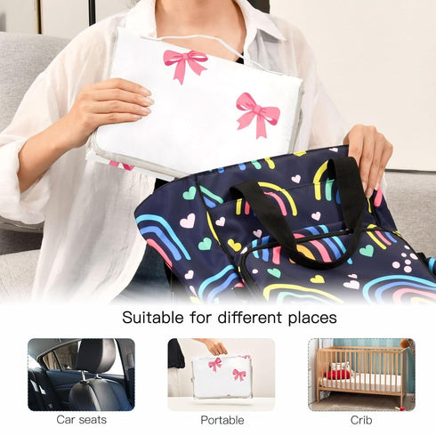 WELLDAY Pink Bows Portable Diaper Changing Pad - Waterproof Foldable Baby Diaper Changing Pad with Built-in Pillow
