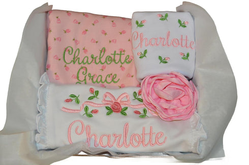 Set Personalized Baby Girl Rosebud Gift Includes Burp Cloth Bodysuit Headband and Ruffle Bib