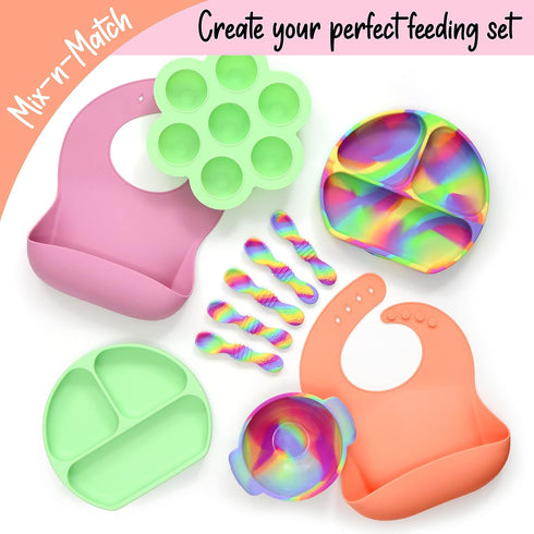 Unbreakable Silicone Non-Slip Bowl and Chew Spoon Set for Babies and Toddlers (Rainbow Swirl)