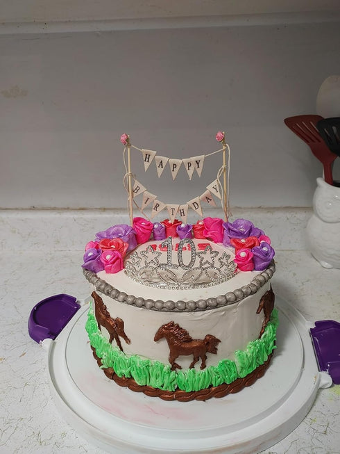 Happy Birthday Cake Bunting Topper Garland, Handmade Pennant Flags with Wood Pole in Ivory (With Pink Rose)