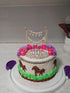 Happy Birthday Cake Bunting Topper Garland, Handmade Pennant Flags with Wood Pole in Ivory (With Pink Rose)