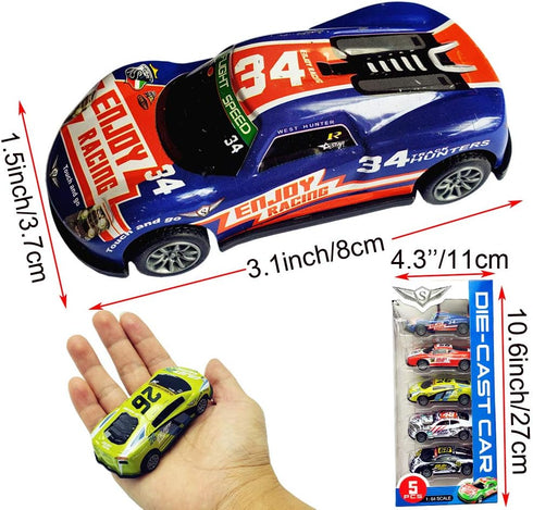 Pull Back Racing Cars Diecast Race Car Vehicles, Set of 5 (3 Inch Metal Friction Powered Toys)