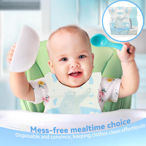 WOOWME 10 Packaged Pcs Disposable Bibs, Individually with Catcher and Leakproof Liner for Toddler Feeding, Baby Travel