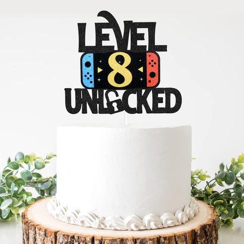 Level 8 Unlocked Game Birthday Cake Topper - Video Game Boy's 8th Birthday Party Supplies - Game On Decoration