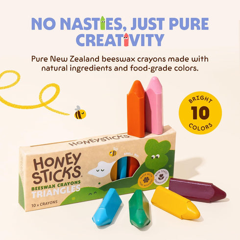 (10 Pack) 100% 1-3, 2-4, Honeysticks Triangular Crayons - Pure Beeswax, Food Grade Colors, Non Toxic Crayons for Baby