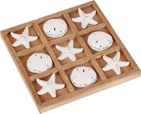 NIKKY HOME Beach Tic Tac Toe Wood Board Travel Game for Fun, 8.97 by 8.97-in Distressed White