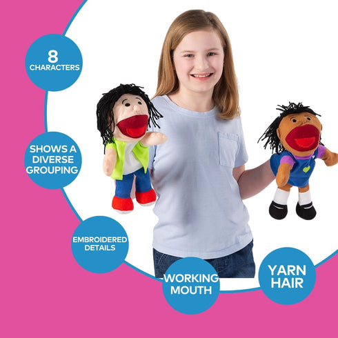 8 14 Inch Fun Express Hand Puppets for Kids - Multicultural Plush Puppets with Movable Mouths for Speech Therapy