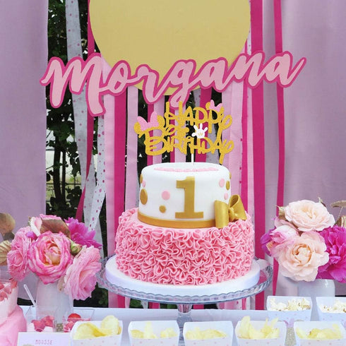 Pink And Gold Glitter Minnie Inspired Happy Birthday Cake Topper with Pink Bows and White Gloves for Girls Birthday