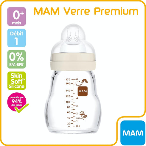 MAM BIBERON VERRE 0 MOIS ET + Garden Blanc Tétine Débit 1, 170 ml