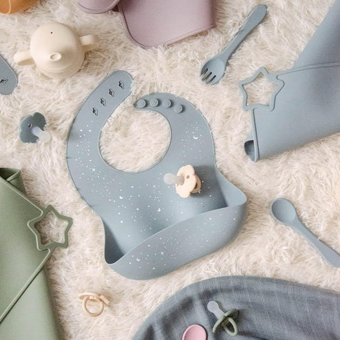Set 3, 6-12 Moonkie Silicone Baby Bibs of BPA Free Waterproof Baby Bibs for Eating, Soft Adjustable Silicone Bibs