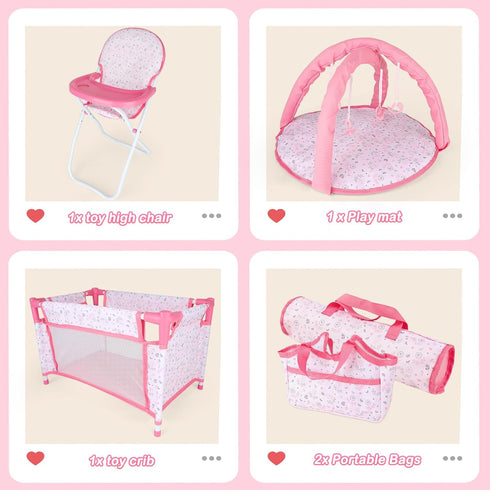 deAO Baby Doll Play Set, 6 Pcs Accessories for 12-14’’ Baby Doll with Crib, High Chair, Play Mat