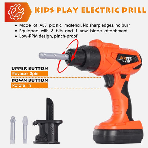 Set Set, 3-8 REXBETI Kids Tool with Box and Electronic Toy Drill, Pretend Play Kids Workbench Construction Kits