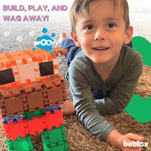 Set 128-Piece 4+ Beblox Building Blocks for Kids - Dog - Connecting Tiles - Interlocking Building Blocks for Kids, STEM