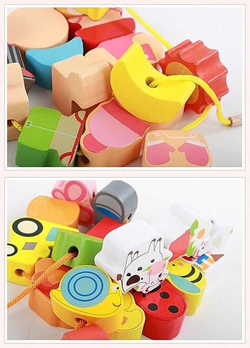 Lacing Farm Toy Wooden Block Set, Early Educational String & Lacing Beads Games for Toddlers Learning Play