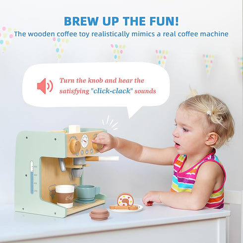 2-in-1 Toy Coffee Maker, Kids Wooden Coffee Maker Playset with 28 Pcs Play Kitchen Accessories for Girls & Boys