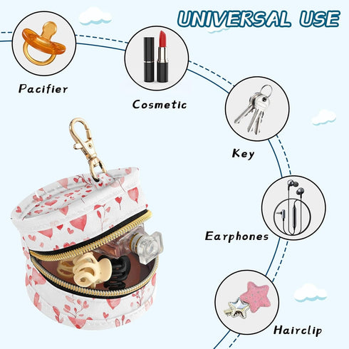 YETTASBIN Valentines Heart Portable Pacifier Holder Case with Metal Hook Buckle & Zipper for Diaper Bag and Stroller