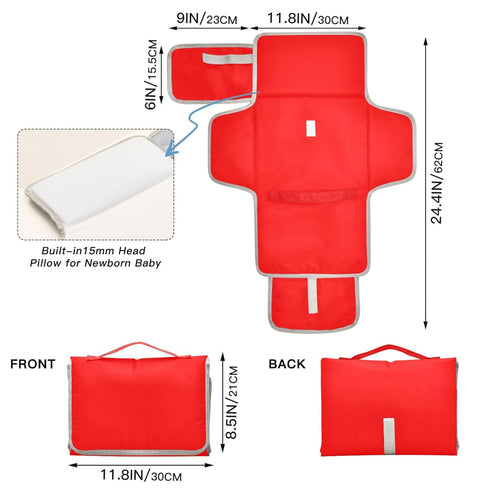 VEKELEE Red Portable Diaper Changing Pad for Baby, Waterproof & Foldable Changing Mat, Soft & Comfortable with Wipes