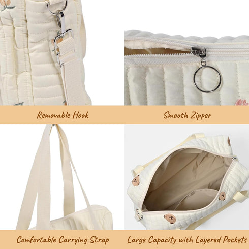 Large Diaper Bag Tote, Cotton Cute Diaper Bag with Stroller Hooks, Portable Travel Universal Stroller Organizer Baby