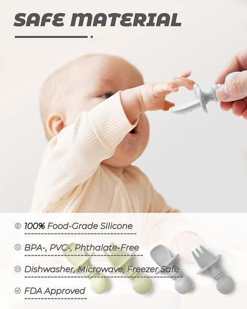 DF DUALFERV 4 Pcs Baby Spoons for Self Feeding, Silicone Toddler Utensils with 2 Cases, Green, Grey