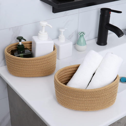 ?2 Pack?ABenkle Small Woven Baskets, Tiny Oval Shallow Storage Baskets, Mini Cotton Rope Decorative Basket, Boho