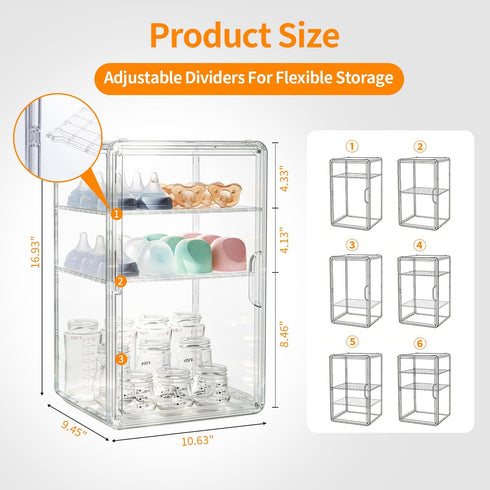 RivuletCore 3-Tier Countertop, Closet Baby Bottle Organizer, Clear Acrylic Stackable Storage Bins Transparent Plastic