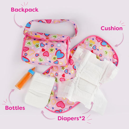 BABESIDE 5 Pcs Baby Doll Diaper Bag Set with Magic Bottles, Baby Doll Accessories includes Changing Mat, Doll Diapers and Baby Doll Bottle with Disappearing Milk for 17-22 inches Dolls Kids Gift