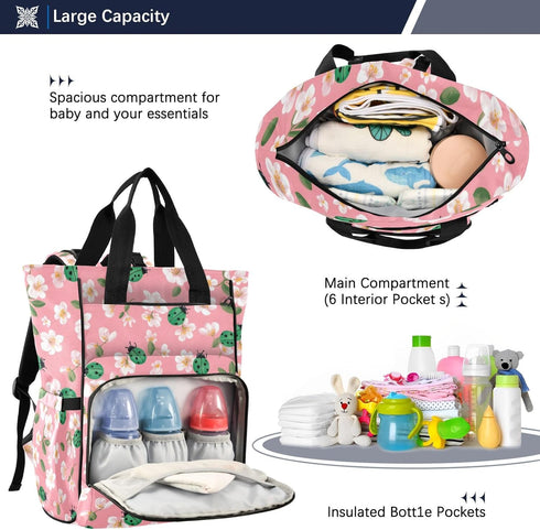 SUABO Backpack White Flowers Green Ladybugs Pattern Baby Diaper Bag Large Bag Waterproof Travel Diaper Bags for Moms