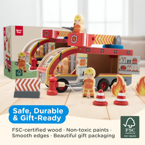 Set 3 2+ Nene Toys Wooden Fire Truck Toy FSC Fire Engine with Rotating Ladder, Magnetic Hose, Hydrant, Firefighters