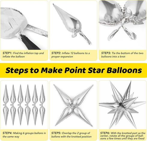 74 PCS Silver Star Balloons, 12 Point Foil Mylar Spike Cone Balloons for Party Decorations, Birthday, Wedding, Baby