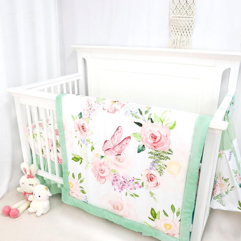 4 Set Set Set Piece Crib Bedding for Girls, Baby Girl Crib Bedding Butterflies Floral Nursery Bedding Includes