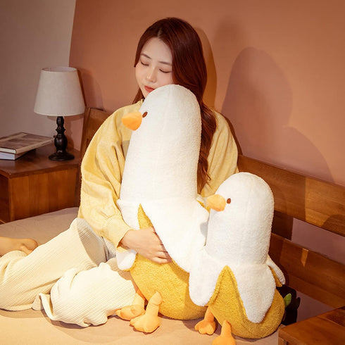 12" PEACH CAT Banana Duck Plush Toy Cute Plushie Hugging Plush Pillow Duck Stuffed Animal for Girls and Boys White