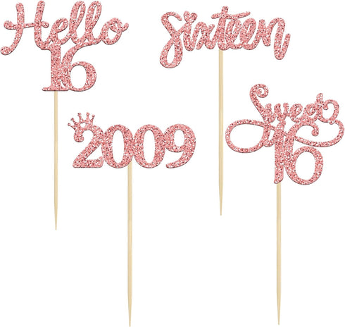 Gyufise 24 Pack Rose Gold Glitter 16th Birthday Cupcake Toppers, Hello Sweet 16 Sixteen Since 2009 Cake Decorations
