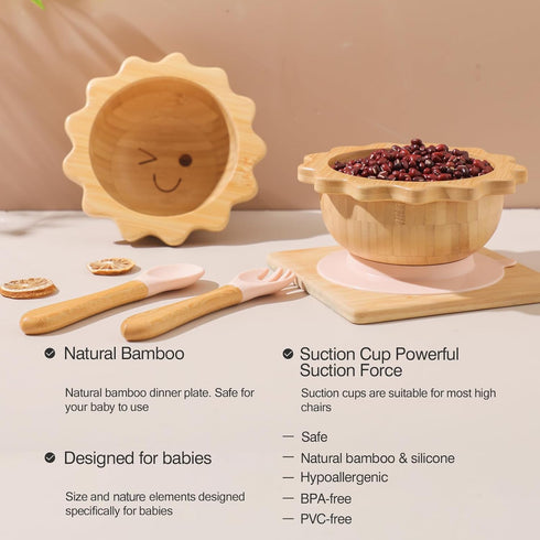 Bamboo Suction Bowl for Baby Kid Toddler Bowl Spoon Fork Set with Removable Silicone Suction All-Natural Baby Feeding Set for Baby-Led Weaning Fits Feeding High Chair Table by let's make