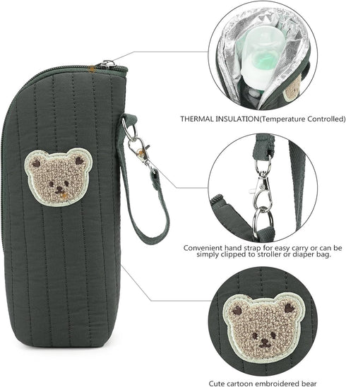 Generic Cute Bear Portable Thermal Bottle Bag with Handle Aluminum Foil Hanging Insulation Pouch for Travel Outgoing
